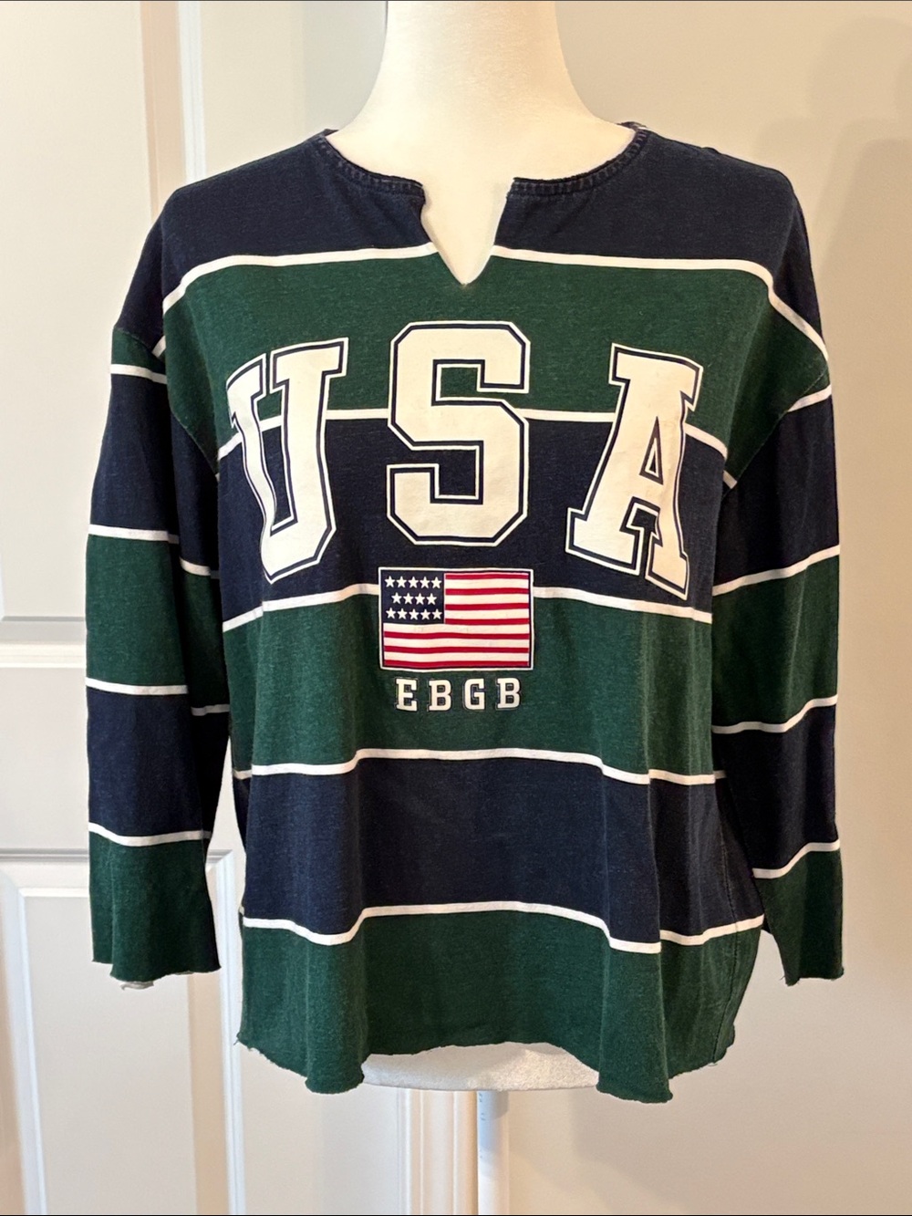 Vintage EBGB Striped Striped Navy & Green Sweatshirt Made In USA FlagApplique